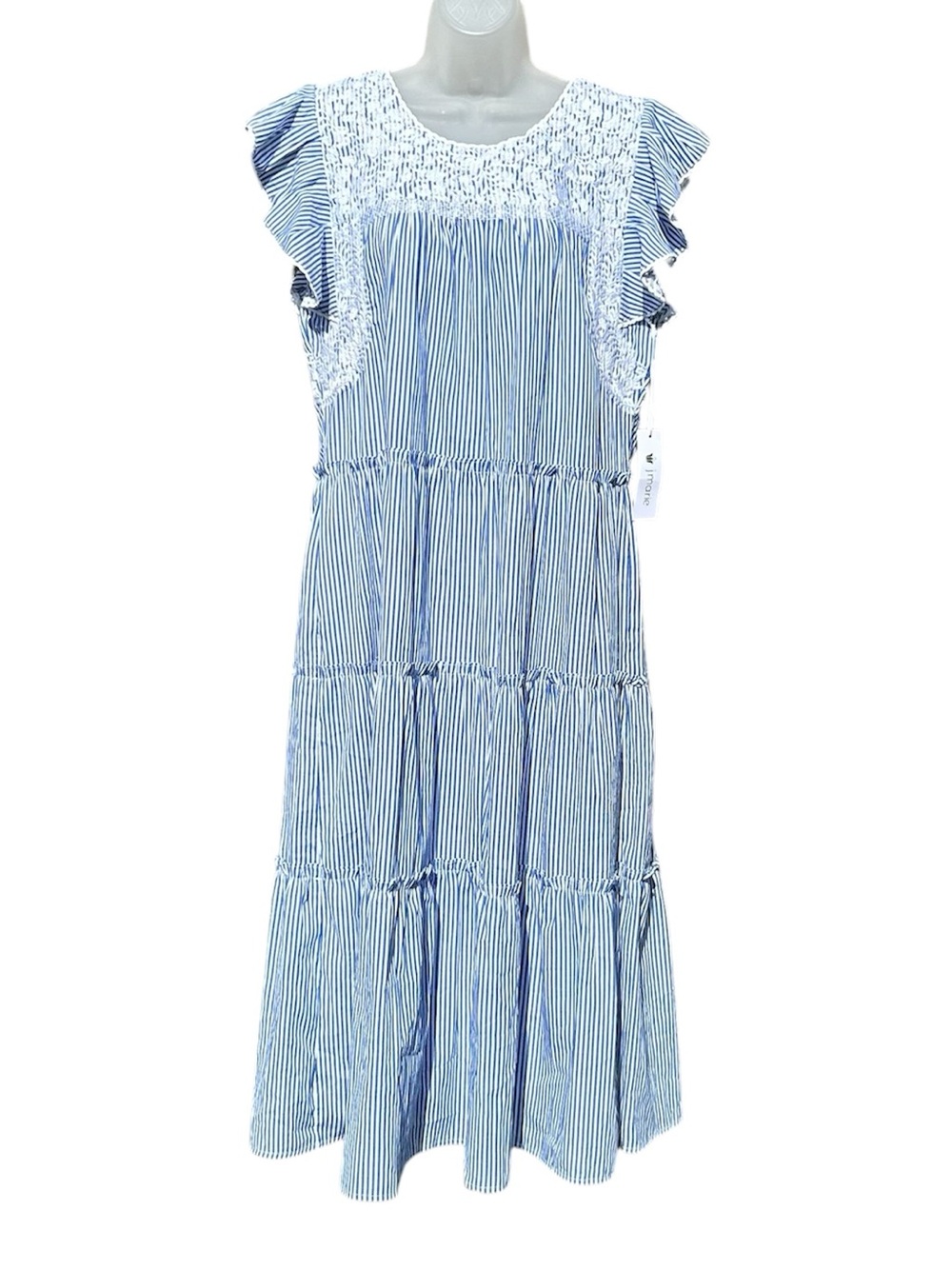 J MARIE Women L Julianna Blue White Stripe Embroidered Ruffles Tiered Midi Dress - Picture 8 of 9